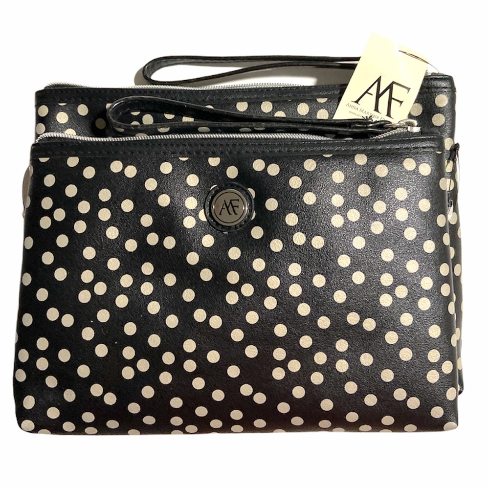 Anna Franco 2 Pcs Cosmetic Pouch Bags Polka Dots New Black